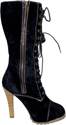 

kotak sales Stylish Women Ladies Boots Calf Length Lace Up & Zip Block High Heel Velvet Black Stretch Female Shoes High Thigh Long Girl Boots Size 37 Boots For Women(Black