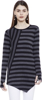 HYPERNATION Striped Women Round Neck Black, Grey T-Shirt