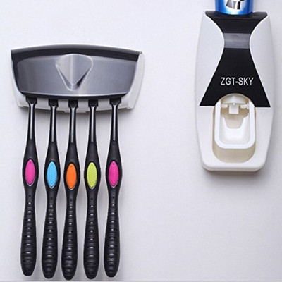 

panipat creations Creative Automatic Toothpaste Dispenser And Tooth Brush Holder Set Plastic Toothbrush Holder(Black, White, Wall Mount)