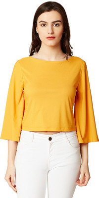 Miss Chase Party 3/4 Sleeve Solid Women Yellow Top