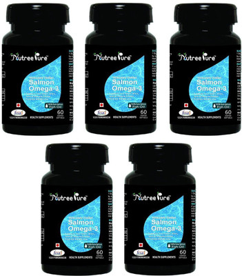 

Nutree Pure Salmon Fish Oil ( Omega 3 ) 1000mg , 60 Softgels Pack of 5 ( Burpless, Pure No GMO, All Natural Food Supplement, Most Effective Omega-3 , Richest Source of EPA & DHA )(300 No)