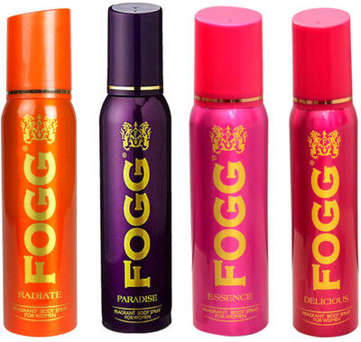 Fogg DELICIOUS DEODORANT 120 ML+ESSENCE DEODORANT 120 ML+PARADISE DEODORANT 120 ML+RADIATE DEODORANT 120 ML Deodorant Spray - For Men & Women(120 ml, Pack of 4) available at flipkart for Rs.820