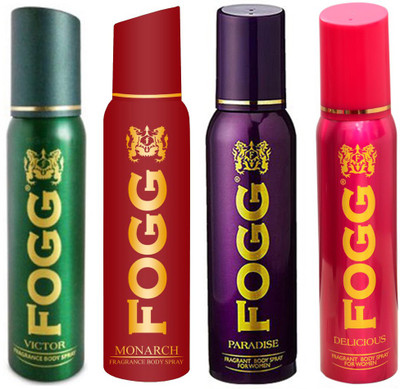 Fogg VICTOR DEODORANT 120 ML+ DELICIOUS DEODORANT 120 ML+ PARADISE DEODORANT 120 ML+MONARCH DEODORANT 120 ML Deodorant Spray - For Men & Women(120 ml, Pack of 4) available at flipkart for Rs.820