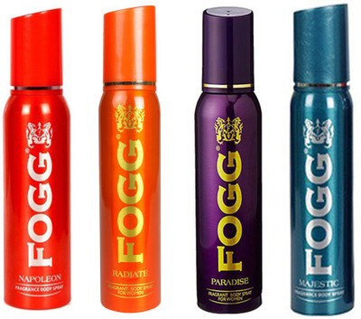 Fogg NAPOLEON DEODORANT 120 ML+ MAJESTIC DEODORANT 120 ML+ PARADISE DEODORANT 120 ML+RADIATE DEODORANT 120 ML Deodorant Spray - For Men & Women(120 ml, Pack of 4) available at flipkart for Rs.820