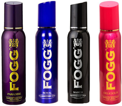 Fogg ROYAL DEODORANT 120 ML+ MARCO DEODORANT 120 ML+ DELICIOUS DEODORANT 120 ML+ PARADISE DEODORANT 120 ML Deodorant Spray - For Men & Women(120 ml, Pack of 4) available at flipkart for Rs.820