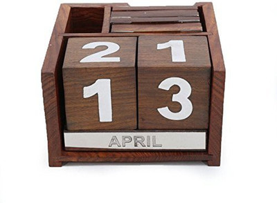

WoodCart 1 Compartments Wooden, H@ndmade Wooden Never Ending Date Calendar With Coaster & Pen-jar for Office Use Calander With Pen Holder(Brown)