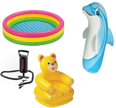 

DINAARKAN COMBO OF 3 FEET BATH TUB AND 2.5 FEET INFLATABLE TEDDY CHAIR AND 3 FEET INFLATABLE HIT ME DOLPHIN WITH AIR PUMP Inflatable Pool(Multicolor)