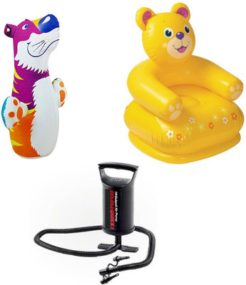 

DINAARKAN COMBO OF 3 FEET INFLATABLE HIT ME TIGER AND 2.5 FEET INFLATABLE TEDDY CHAIR WITH AIR PUMP Inflatable Bouncer(Multicolor)