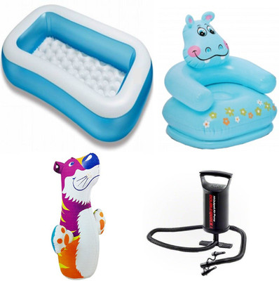 

DINAARKAN COMBO OF 5 FEET BATH TUB AND 2.5 FEET INFLATABLE HIPPO CHAIR AND 3 FEET INFLATABLE HIT ME TIGER WITH AIR PUMP Inflatable Pool(Multicolor)