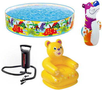 

DINAARKAN COMBO OF 4 FEET BATH TUB AND 2.5 FEET INFLATABLE TEDDY CHAIR AND 3 FEET INFLATABLE HIT ME TIGER WITH AIR PUMP Inflatable Pool(Multicolor)
