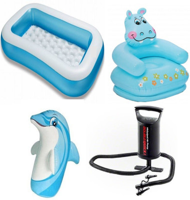 

DINAARKAN COMBO OF 5 FEET BATH TUB AND 2.5 FEET INFLATABLE HIPPO CHAIR AND 3 FEET INFLATABLE HIT ME DOLPHIN WITH AIR PUMP Inflatable Pool(Multicolor)