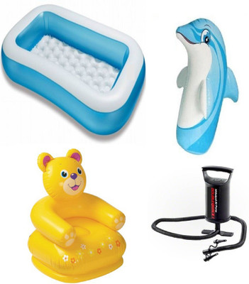 

DINAARKAN COMBO OF 5 FEET BATH TUB AND 2.5 FEET INFLATABLE TEDDY CHAIR AND 3 FEET INFLATABLE HIT ME DOLPHIN WITH AIR PUMP Inflatable Pool(Multicolor)