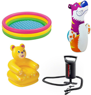 

DINAARKAN COMBO OF 3 FEET BATH TUB AND 2.5 FEET INFLATABLE TEDDY CHAIR AND 3 FEET INFLATABLE HIT ME TIGER WITH AIR PUMP Inflatable Pool(Multicolor)