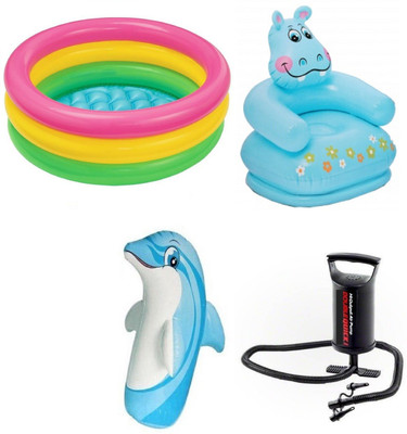 

DINAARKAN COMBO OF 2 FEET BATH TUB AND 2.5 FEET INFLATABLE HIPPO CHAIR AND 3 FEET INFLATABLE HIT ME DOLPHIN WITH AIR PUMP Inflatable Pool(Multicolor)
