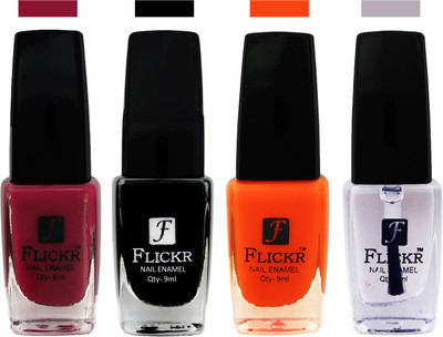 

Flickr EXTRA SHINE and SPEED DRY Nail Polish Purple,Black,Orange,Top Coat(Pack of 4)