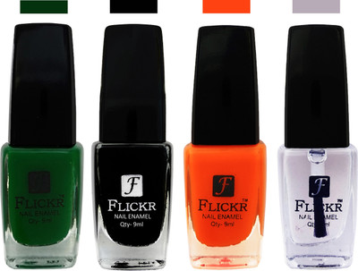

Flickr EXTRA SHINE and SPEED DRY Nail Polish Green,Black,Orange,Top Coat(Pack of 4)