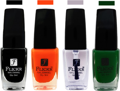 Flickr EXTRA SHINE and SPEED DRY Nail Polish Black,Orange,White,Green(Pack of 4)