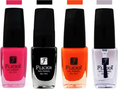 

Flickr EXTRA SHINE and SPEED DRY Nail Polish Bright Pink,Black,Orange,Top Coat(Pack of 4)