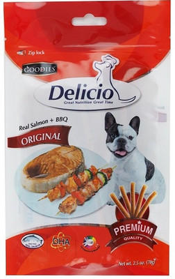 

all4pets DELICIO ORIGINAL REAL SALMON BBQ 70 GMS(Buy 2 Get 1 Free) Barbecue Dog Chew(70 g, Pack of 2)