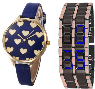

DECLASSE ROSE GOLD AND BLACK TWO TONE CHAIN BLUE LED boys BRACELET with GENVAPLATINUM DARK BLUE ROYAL CLASSIC Little Hearts BIG SIZE DIAl and slim strap for beautiful Girls & ladies Watch - For Men & Women