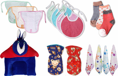 

My New Born Daily Use Pack with 3 Nappies, 2 Bottle Covers, 1 Rai Pillow, 3 Pairs of Sock, 4 Towel Bibs and 4 Hand and Face towel for babies(Dark Blue)