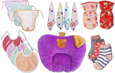 

My New Born Daily Use Pack with 3 Nappies, 2 Bottle Covers, 1 Rai Pillow, 3 Pairs of Sock, 4 Towel Bibs and 4 Hand and Face towel for babies(Purple)