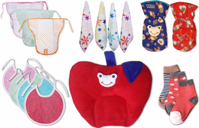 

My New Born Daily Use Pack with 3 Nappies, 2 Bottle Covers, 1 Rai Pillow, 3 Pairs of Sock, 4 Towel Bibs and 4 Hand and Face towel for babies(Red)