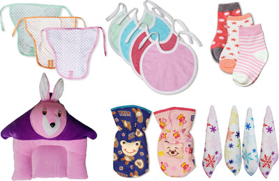 

My New Born Daily Use Pack with 3 Nappies, 2 Bottle Covers, 1 Rai Pillow, 3 Pairs of Sock, 4 Towel Bibs and 4 Hand and Face towel for babies(Pink, Purple)