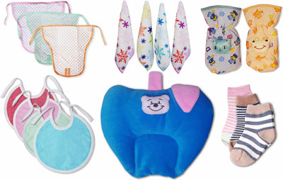 

My New Born Daily Use Pack with 3 Nappies, 2 Bottle Covers, 1 Rai Pillow, 3 Pairs of Sock, 4 Towel Bibs and 4 Hand and Face towel for babies(Light Blue)