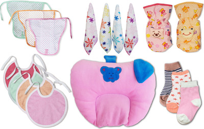 

My New Born Daily Use Pack with 3 Nappies, 2 Bottle Covers, 1 Rai Pillow, 3 Pairs of Sock, 4 Towel Bibs and 4 Hand and Face towel for babies(Pink)