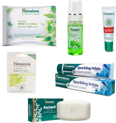 

Himalaya Purifying Neem Facial Wipes, Purifying Neem Foaming Face Wash, Lip Balm, Aactaril Soap, Purifying Neem Pack, Sparkling White Toothpaste(Set of 6)