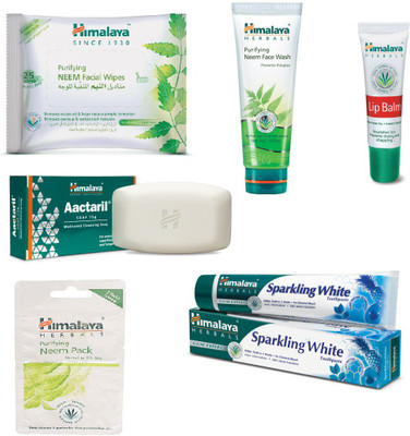 

Himalaya Purifying Neem Facial Wipes, Purifying Neem Face Wash, Lip Balm, Aactaril Soap, Purifying Neem Pack, Sparkling White Toothpaste(Set of 6)