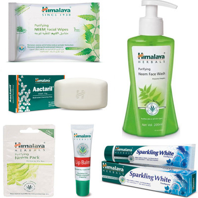 

Himalaya Purifying Neem Facial Wipes, Purifying Neem Face Wash, Lip Balm, Purifying Neem Pack, Aactaril Soap, Sparkling White Toothpaste(Set of 6)