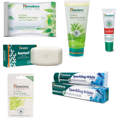 

Himalaya Purifying Neem Facial Wipes, Purifying Neem Face Wash, Lip Balm, Aactaril Soap, Purifying Neem Pack, Sparkling White Toothpaste(Set of 6)