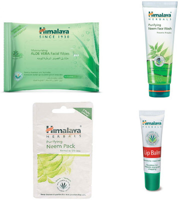 

Himalaya Aloe Vera Facial Wipes, Purifying Neem Face Wash, Purifying Neem Pack, Lip Blam(Set of 4)