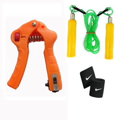 

Facto Power ORANGE COLOR WITH COUNTER HAND GRIP GUN STYLE , GREEN COLOR SKIPPING ROPE AND BLACK WRIST BAND Gym & Fitness Kit