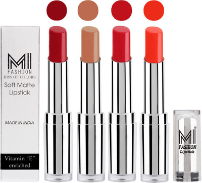 

MI Fashion Hot and Bold Soft Creamy Matte Lipstick Combo – Perfect Gift for Her in 4 Vivid Colours(Dry Red,Nude,Romantic Red,Orange Crush, 14 g)