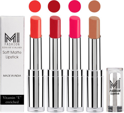 

MI Fashion Hot and Bold Soft Creamy Matte Lipstick Combo – Perfect Gift for Her in 4 Vivid Colours(Orange Fever,Red Alert,Rosy Pink,Nude, 14 g)