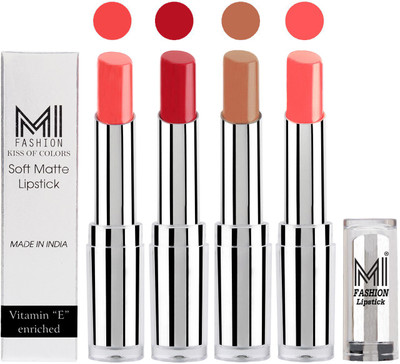 

MI Fashion Hot and Bold Soft Creamy Matte Lipstick Combo – Perfect Gift for Her in 4 Vivid Colours(Peach Crush,Red Alert,Nude,Metalic Nude)