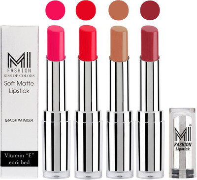 

MI Fashion Hot and Bold Soft Creamy Matte Lipstick Combo – Perfect Gift for Her in 4 Vivid Colours(Rosy Pink,Reddish Orange,Nude,Brown Raisin, 14 g)