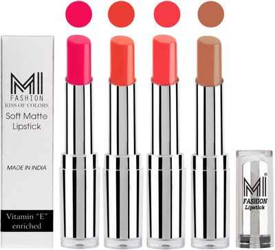 

MI Fashion Hot and Bold Soft Creamy Matte Lipstick Combo – Perfect Gift for Her in 4 Vivid Colours(Rosy Pink,Coral Glamour,Pink Wink,Nude, 14 g)