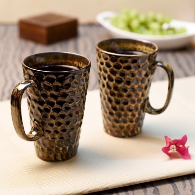 Unravel India Ceramic studio Olive Brown mug set (Set of 2) Ceramic Beer Mug(100 ml, Pack of 2)