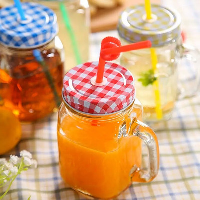 Satyam Kraft Mason Glass Jar - Pack of 2 - Pattern lid with folded straw and handle - 2 colors set Glass Mason Jar(450 ml, Pack of 2)