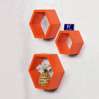 Amaze Shoppee Hexagon Rack Wooden Wall Shelf(Number of Shelves - 3, Orange)