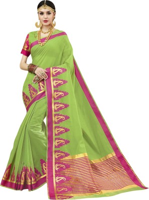 Ratnavati Printed Kanjivaram Silk Blend, Cotton Blend Saree(Green)