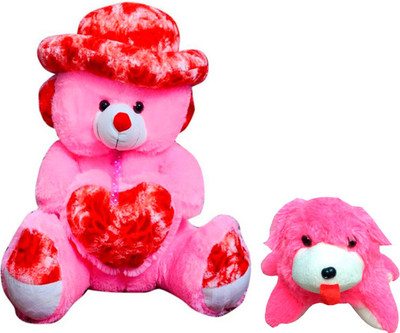 

ATTRACTIVE 3 FEET SITTING CAP & HEART TEDDY BEAR WITH FUR DOG - 85 cm(Pink)
