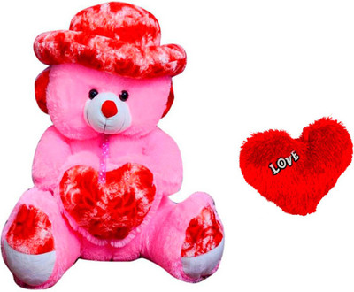 

ATTRACTIVE 3 FEET SEATING CAP & HEART TEDDY BEAR WITH RED SMALL HEART - 85 cm(Pink)