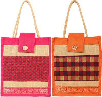 styles creation Designer Printed Jute lunch bag/ Hot case HNDBG89 Lunch Bag(Pink, Orange, 12 inch)