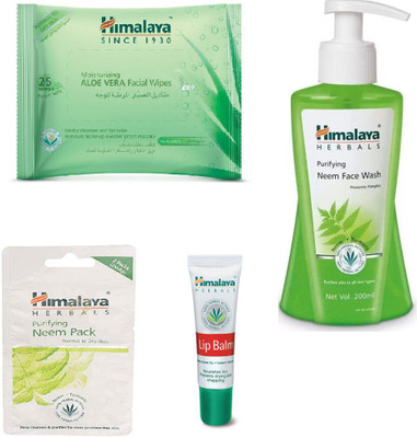 

Himalaya Aloe Vera Facial Wipes, Purifying Neem Face Wash, Purifying Neem Pack, Lip Balm(Set of 4)