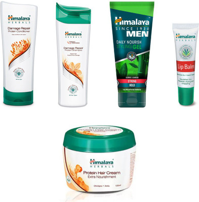 

Himalaya Damage Repair Protein Conditioner, Damage Repair Protein Shampoo, Protein Hair Cream, Men Daily Nourish Styling Gel, Lip Balm(Set of 5)